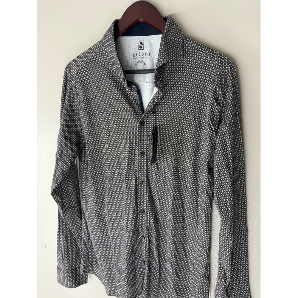 DeSoto Mens Flexshirt Jersey Knit Cotton Button Down Shirt Geometric Print L
